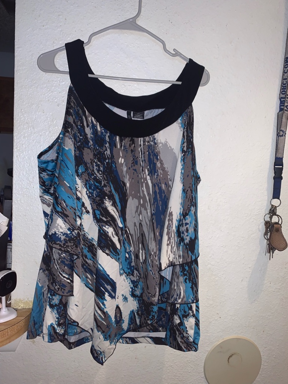 new directions Blue, Black and Gray Abstract Layered Chiffon Tank